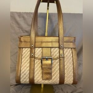 Kate Landry Woven Straw & Metallic Bronze Leather Trim Satchel Handbag EUC
